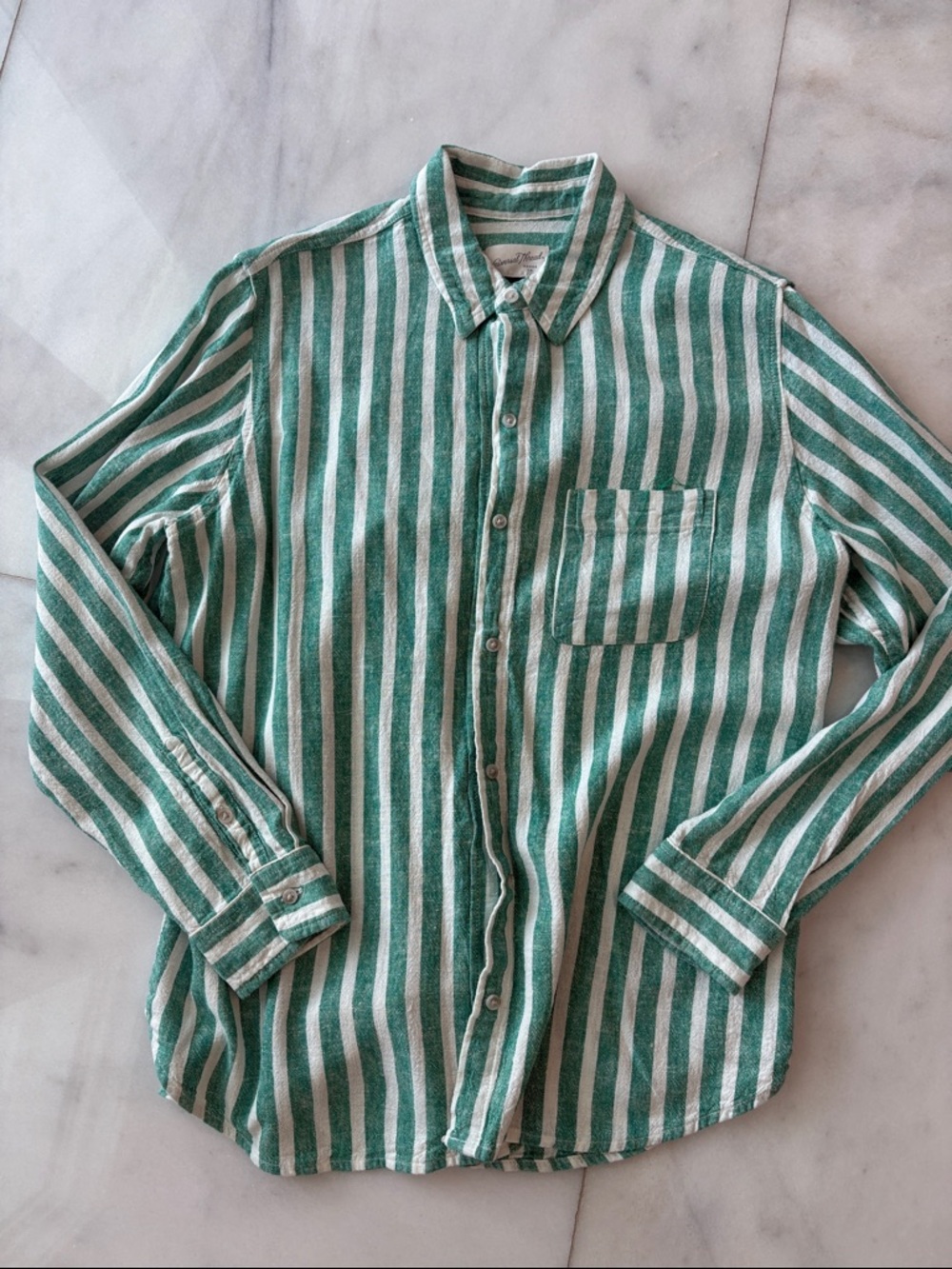 Woman’s Green and White Striped Button-Down Shirt